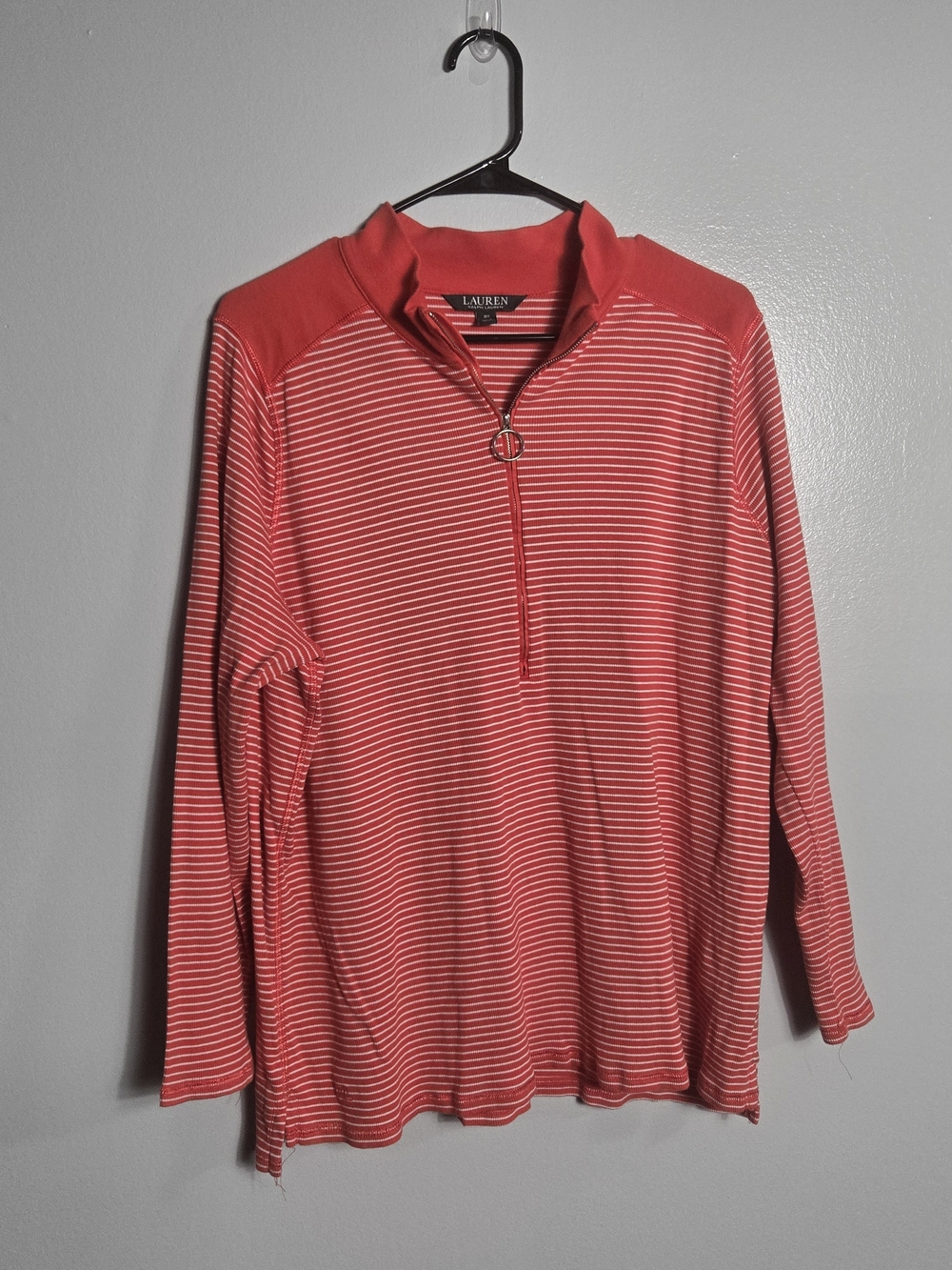 Lauren Ralph Lauren Red White Stripe 1/4 Zip Ring Pull Ribbed Knit Top Sweater